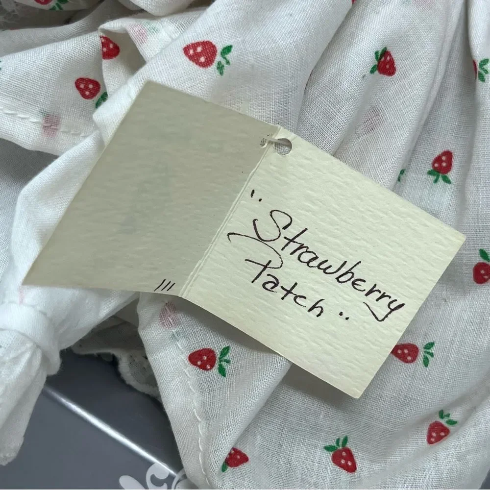 1982 Handmade Plush Mouse Basket Red Strawberry White eyelet Dress Gingham Apron